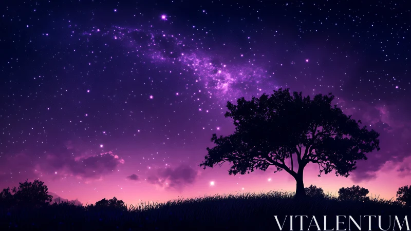 Digital painting nightscape with silhouetted tree and nebula sky.