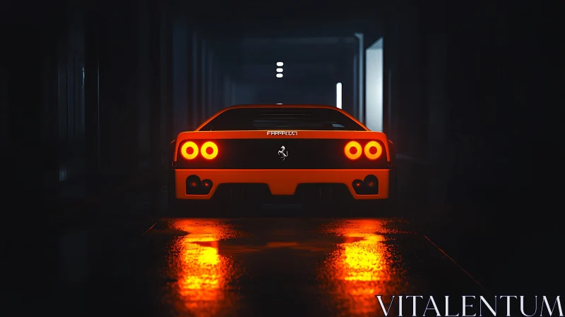 Rear view shows illuminated sports car in dark tunnel