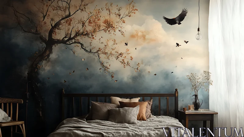 Cozy bedroom with mural of tree, clouds and flying birds.