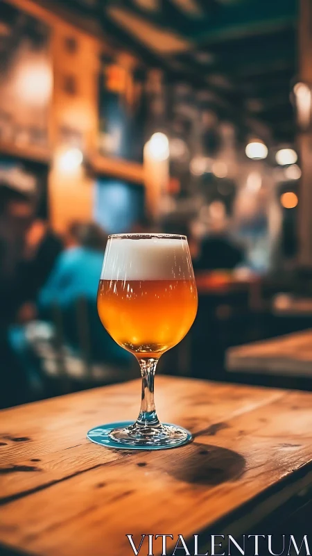 Foamy golden ale glows like a small sunset on taproom wood.