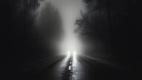 Headlights cutting through dense midnight roadside fog.