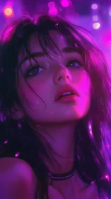 Digital portrait of woman in neon purple studio lighting.