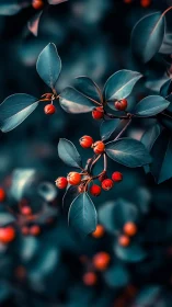 Teal foliage and crimson berries rendered in shallow depth of field