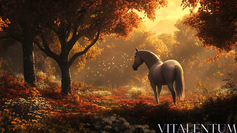 White horse stands in sunlit autumn forest clearing