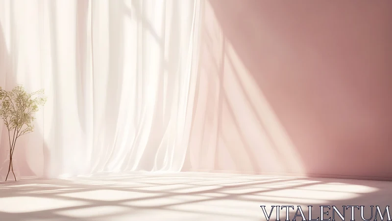 Soft daylight on sheer curtains and pale pink interior wall.