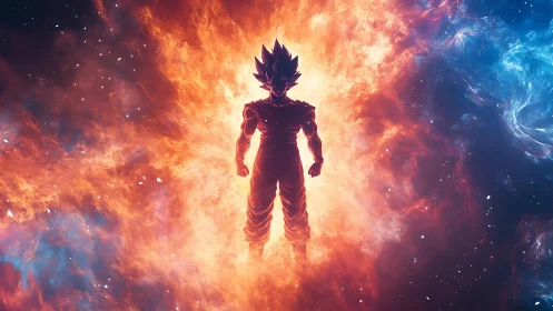 Silhouetted spiky haired fighter amid fiery cosmic energy.