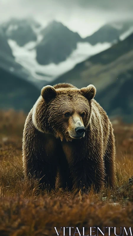 Brown bear standing in alpine meadow before distant peaks.