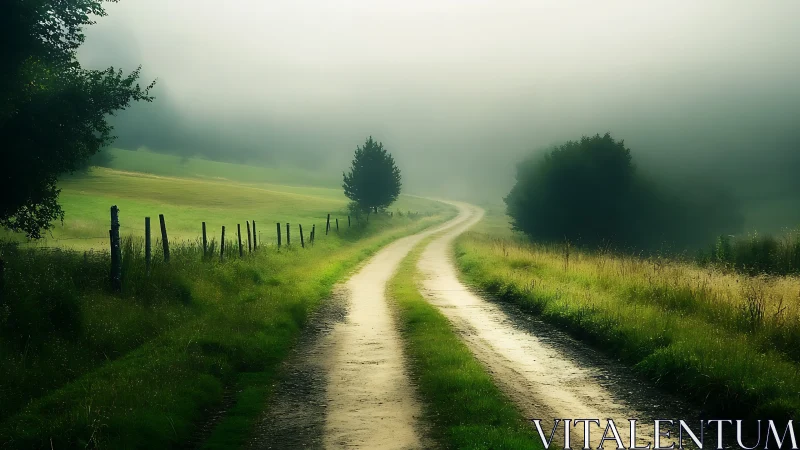Photorealistic misty country lane with soft atmospheric depth.