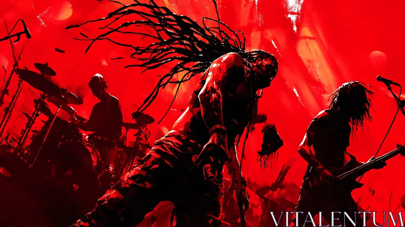 Dynamic red-lit metal band performance with dreadlocked vocalist