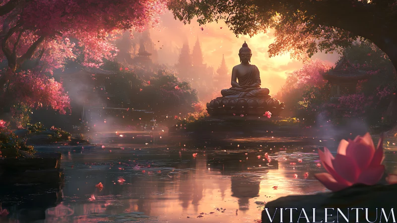 Statue of Buddha overlooks reflective lotus pond at sunset