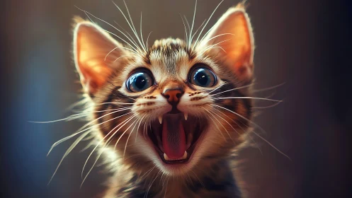 Wide-eyed kitten portrait with dramatic lighting and gleam.