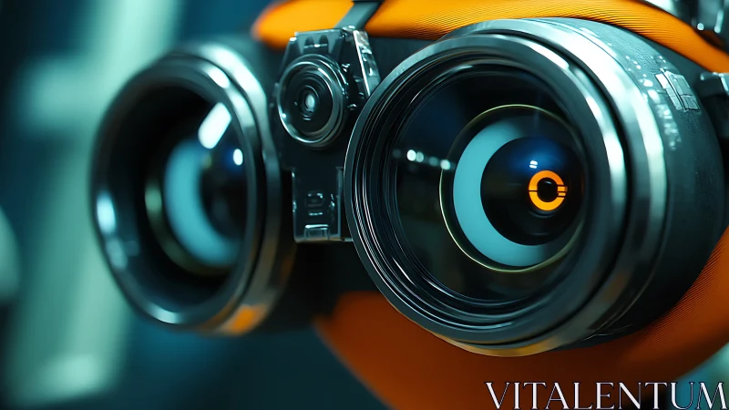 Robotic binocular optics with luminous teal and orange accents.