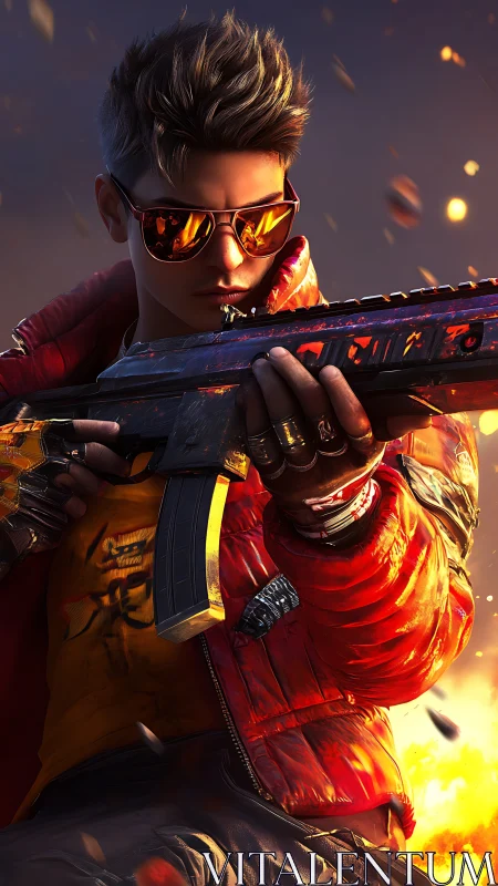 Futuristic street soldier grips rifle amid erupting firestorm