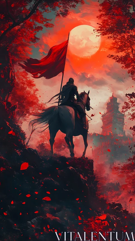 Lone rider with crimson banner surveys a blood-red moonlit citadel.