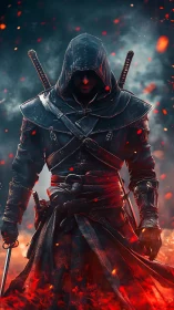 Hooded firelit warrior strides forward through glowing embers