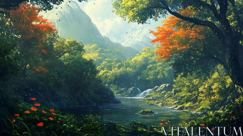 Mountain forest river under soft daylight with autumn trees.