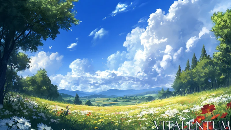 Sunlit wildflower meadow opens onto distant blue hills.