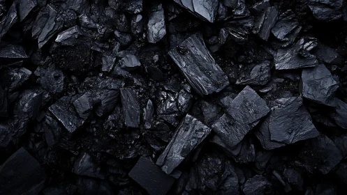 Photorealistic macro study of coal fragments in dense array.