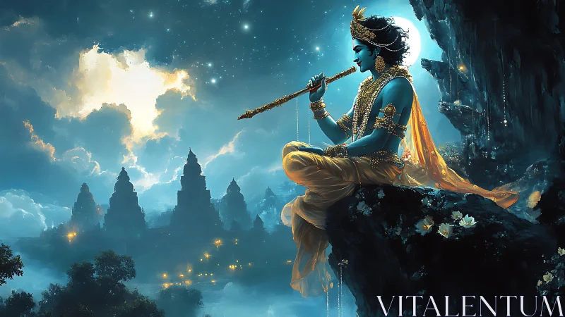 Moonlit flute player resting above a glowing temple valley.