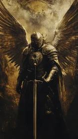 Winged paladin stands beneath eclipsed golden sun.