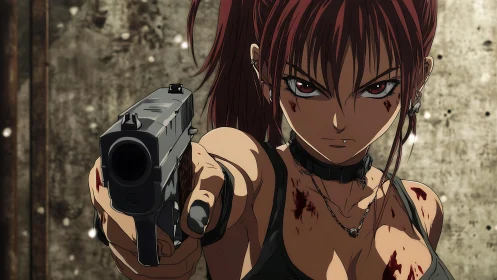 Gun-wielding redhead in gritty anime combat close-up.