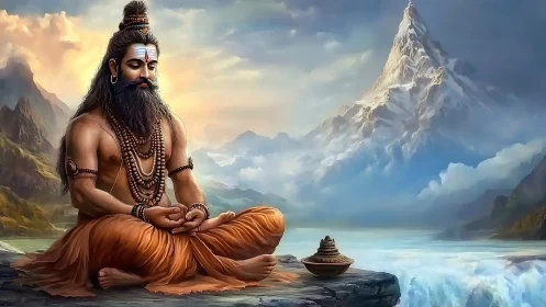 Serene sage meditates by sacred river beneath towering peak