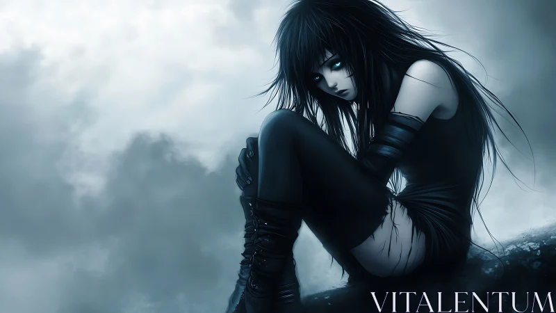 Melancholic dark-haired anime girl rests in a misty void.