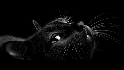 Black Cat Gazing Skyward Against Darkness.
