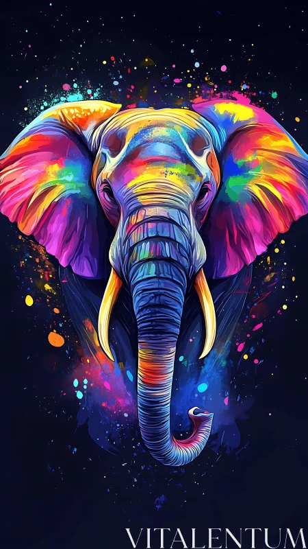 Chromatic frontal elephant portrait on dark negative space