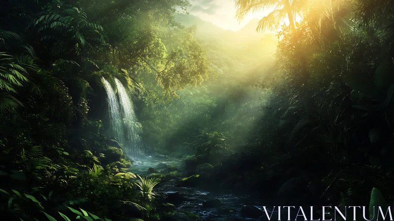 Tropical Cascade through Dense Canopy with Golden Atmospheric Diffusion.