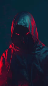 Mysterious hooded watcher glowing in vivid neon shadows.