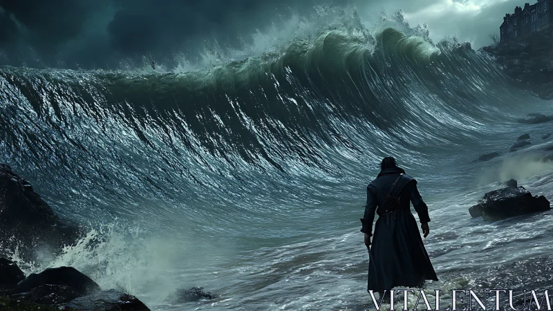 Lone figure confronts massive storm wave on dark shore.