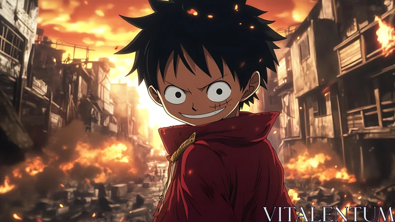 Smiling anime fighter stands in burning ruined city street.