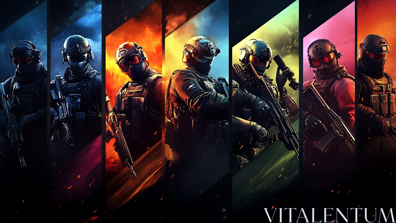 Segmented lineup of tactical soldiers in colored panels.