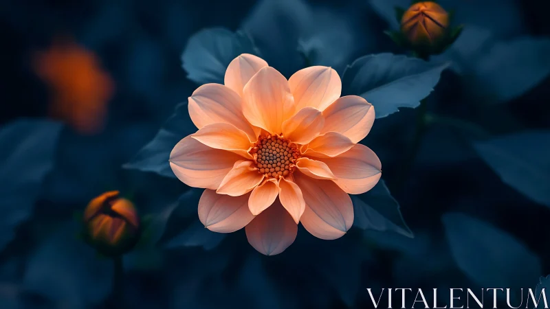 Radiant Peach Dahlia Glowing Among Deep Blue Foliage