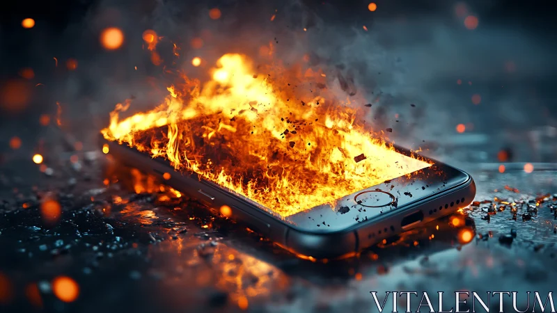 Smartphone engulfed in blazing digital inferno on floor.
