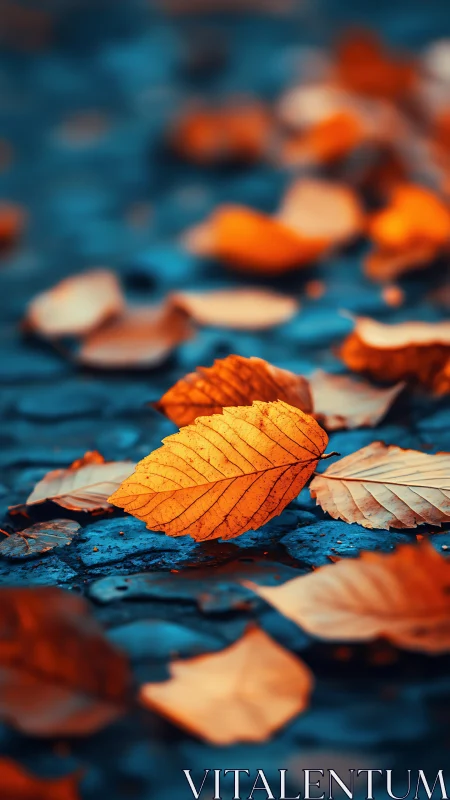 Orange autumn leaves on wet blue surface in shallow focus.