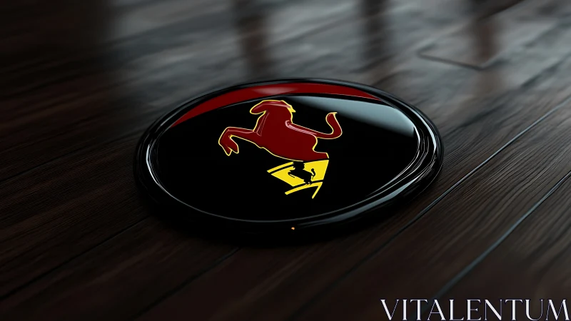 Glossy circular emblem with rearing horse on wood floor.
