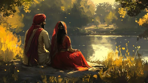 Bilateral chromatic study of couple by reflective riverside.