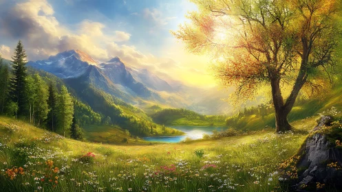 Bright mountain valley meadow with lake and sunrise glow.