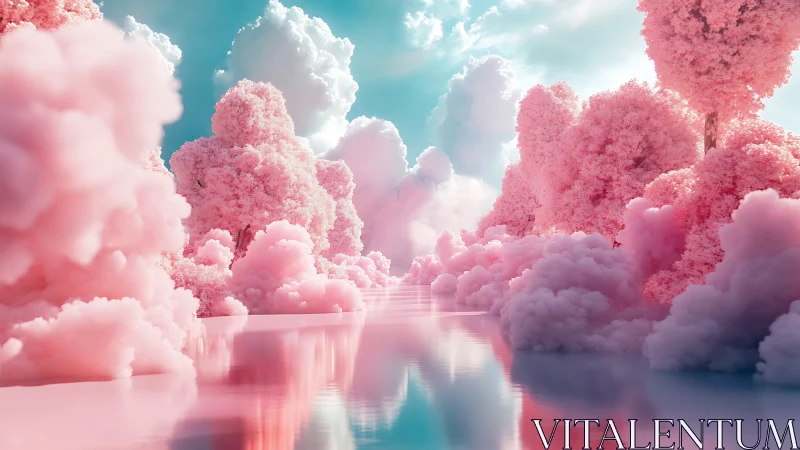 Pink cotton cloud trees reflect over calm pastel waterway