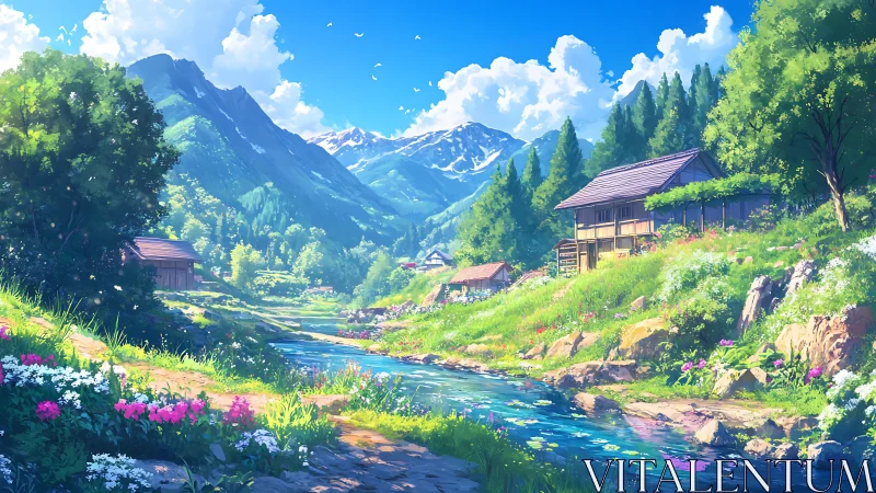 Riverside rural village below forested mountains in summer.