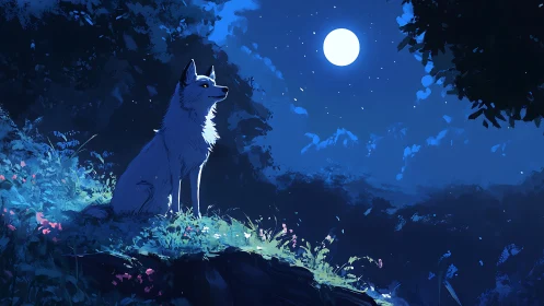 Moonlit hilltop hush finds a lone white wolf listening upward