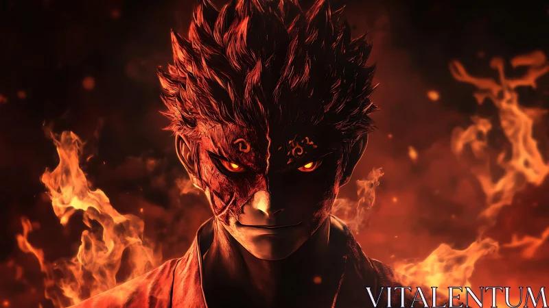 Demonic fire warrior portrait with glowing infernal eyes.