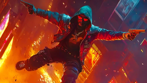 Hooded cyber rebel soaring through a neon city blaze.