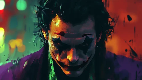 Chromatic portrait of sinister clown visage in neon chiaroscuro.