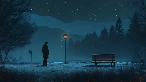 Solitary figure watches snow fall under cold lamplight night