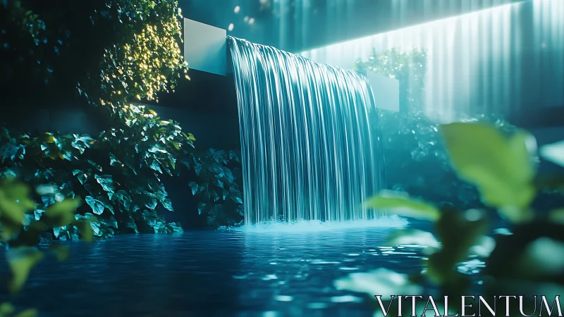 Waterfall curtain glides from modern terrace into quiet pool