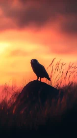 Owl silhouette crowns dusk hill under molten sky glow.