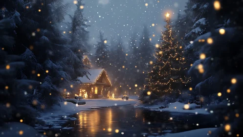 Snowlit riverside cabin wrapped in golden winter hush.